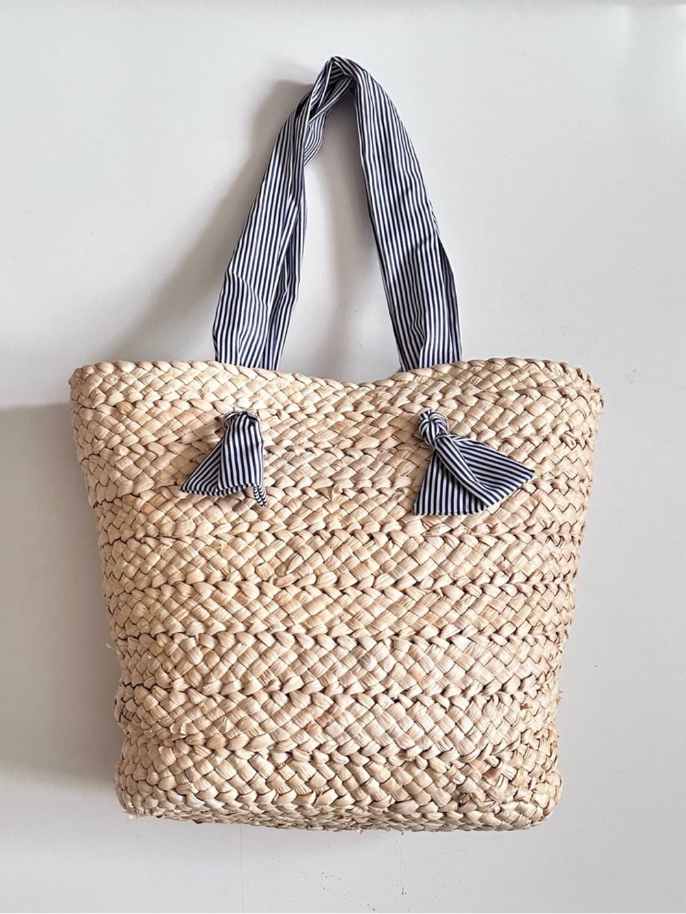 Woven Straw Tote With Navy Stripe Handles Summer Bucket Bag